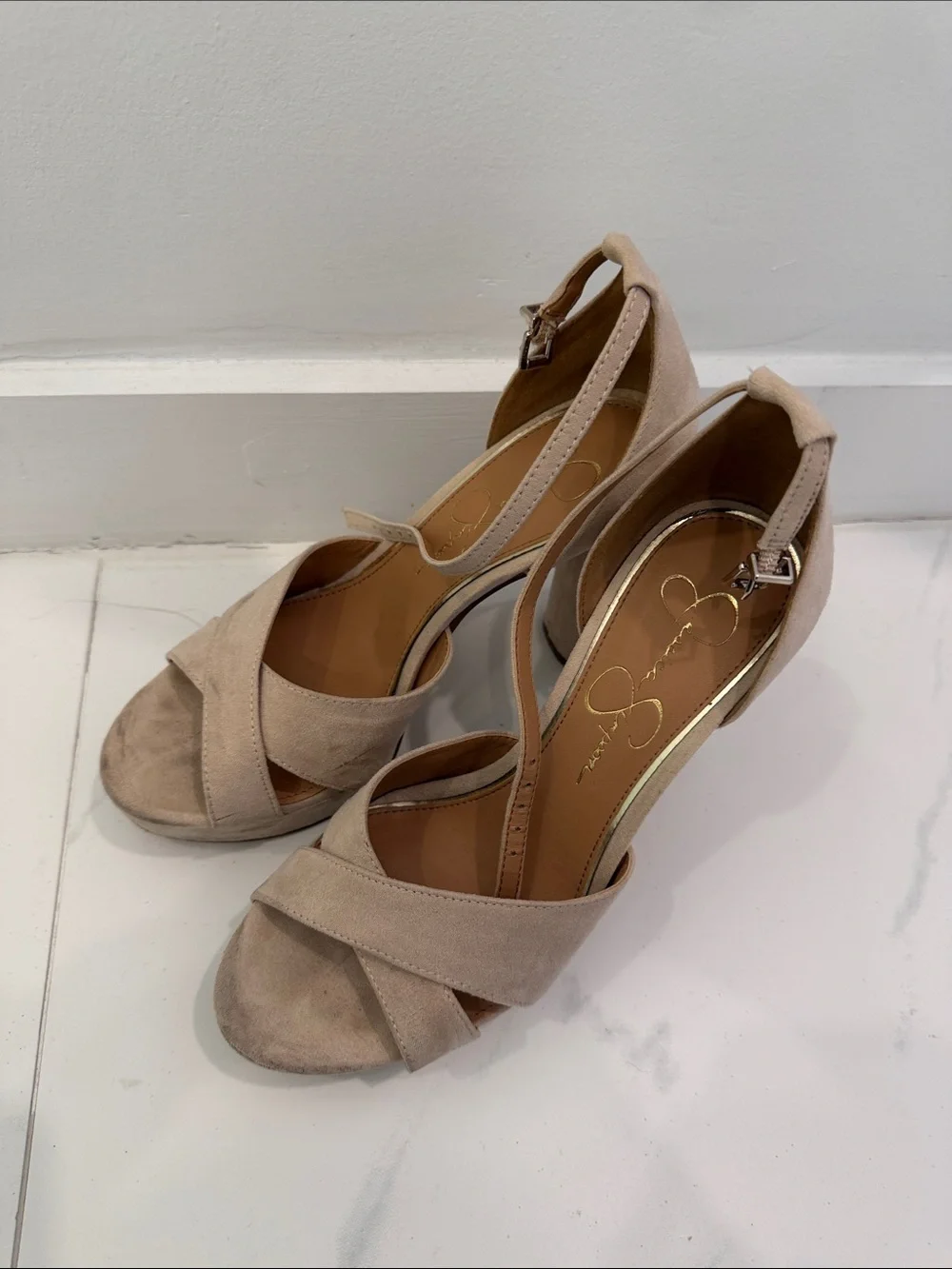Jessica Simpson Suede Platform Ankle-Strap Heels in Beige